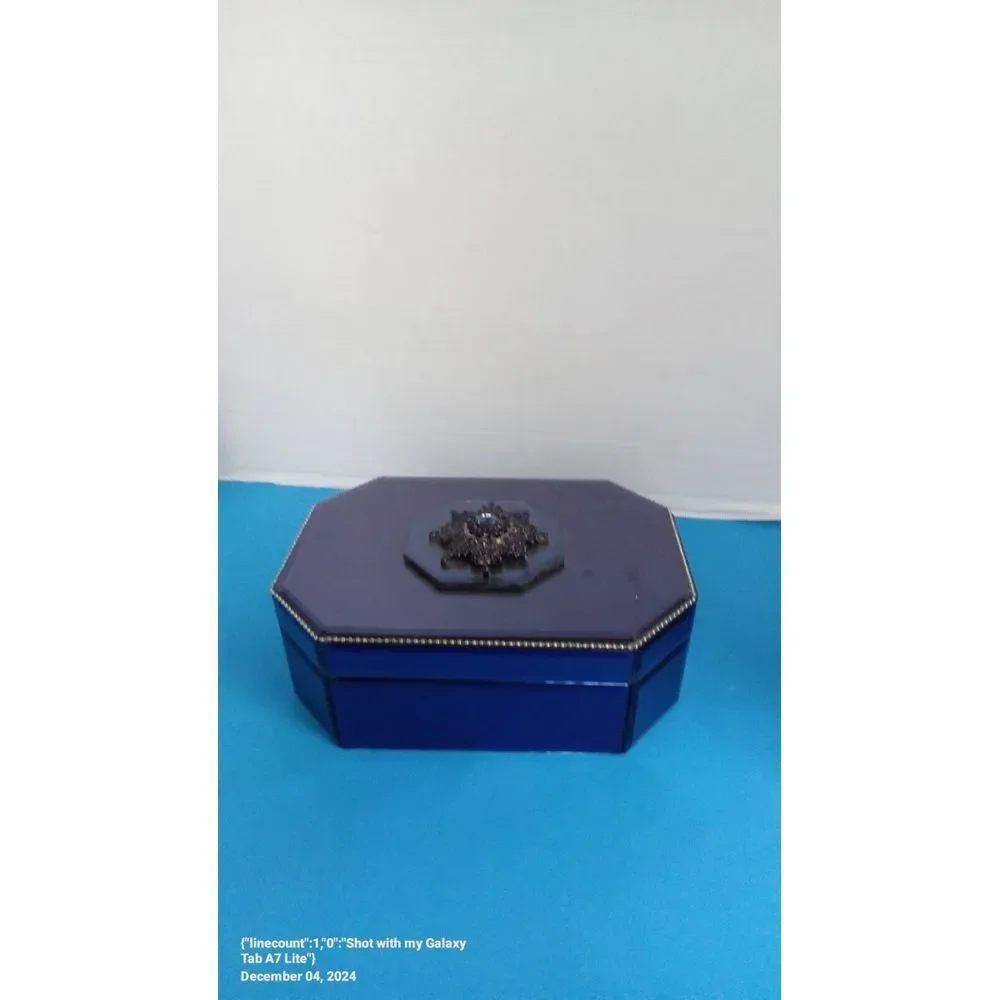 Elegant Octagonal Jewelry Box with‎ Ornate Embellishment - Royal Blue and Black